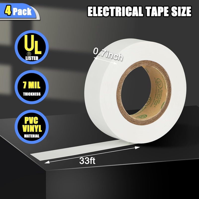G GEYYANG GEYYANG White Electrical Tape, Professional Grade UL Approved, 4 Pack Multipurpose Electrical Tape for Home Improvement Electrical Equipment, 0.7in X 33ft PVC Electric Insulating Tape - Image 2